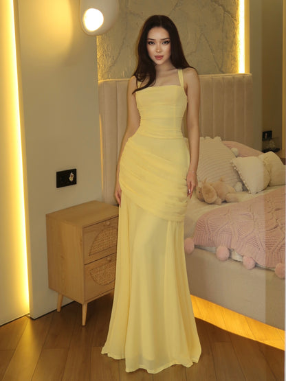 Square Neck Ruched Chiffon Gown with Lace-Up Back