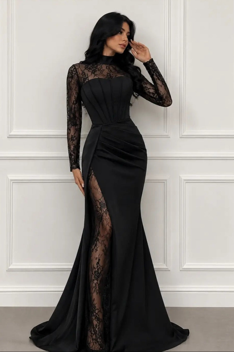 High Neck Lace & Satin Gown with High Slit