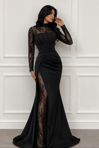 High Neck Lace & Satin Gown with High Slit