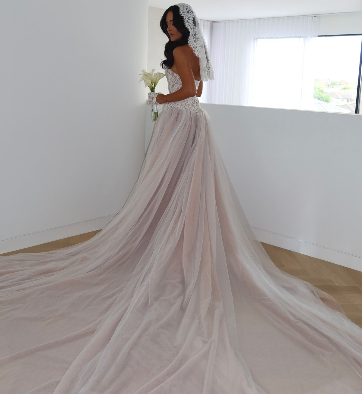 Lace Bodice Tulle Wedding Dress with Train