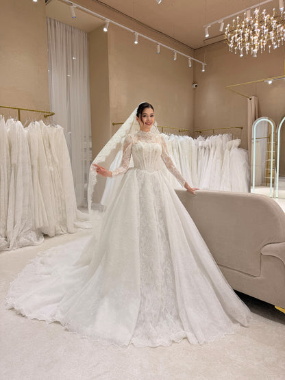 Lace High Neck Long Sleeve Corset Ball Gown Wedding Dress