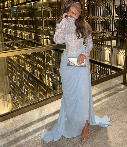 Illusion Long Sleeve Beaded Mermaid Evening Gown