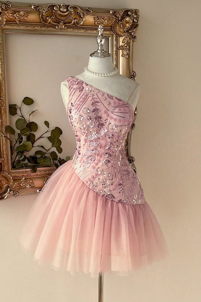 One-Shoulder Beaded Tulle Homecoming Dress
