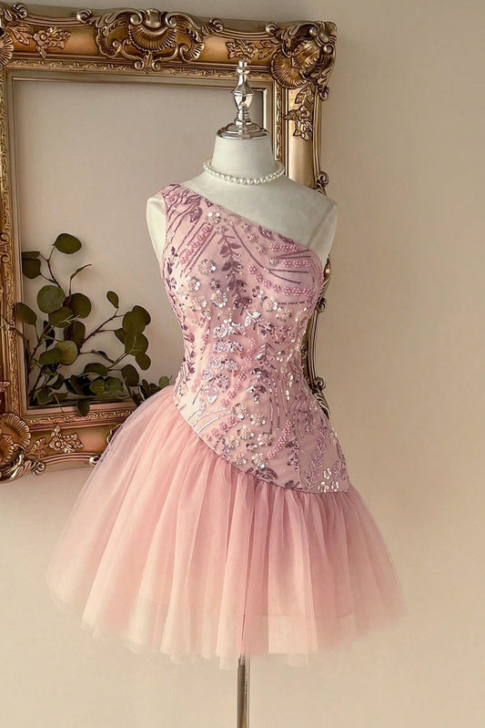 One-Shoulder Beaded Tulle Homecoming Dress
