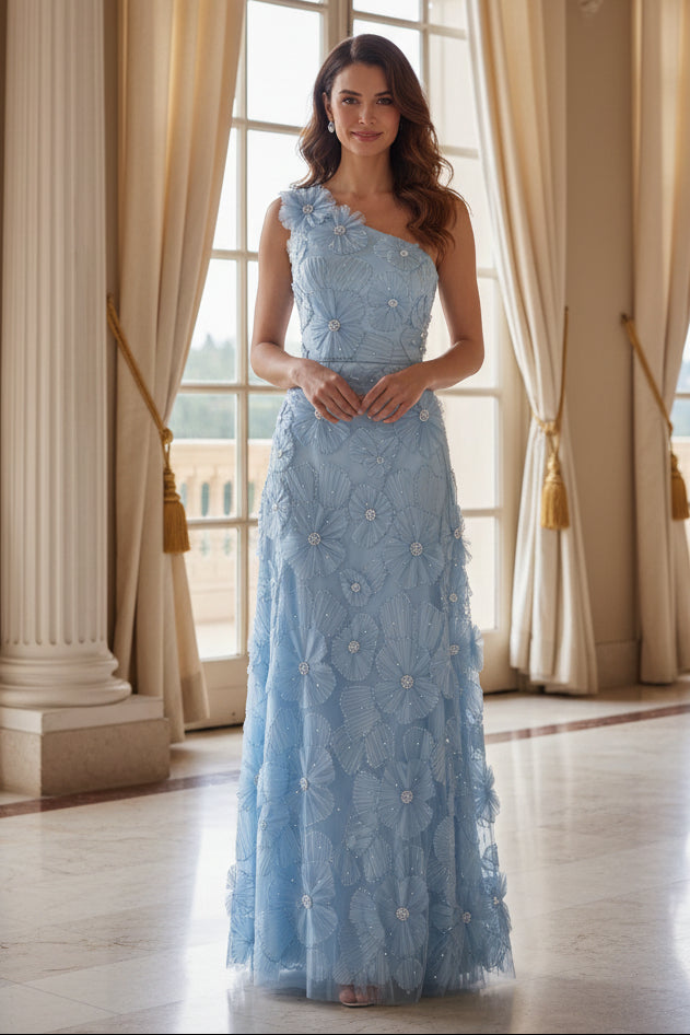 One Shoulder 3D Floral Applique Evening Gown