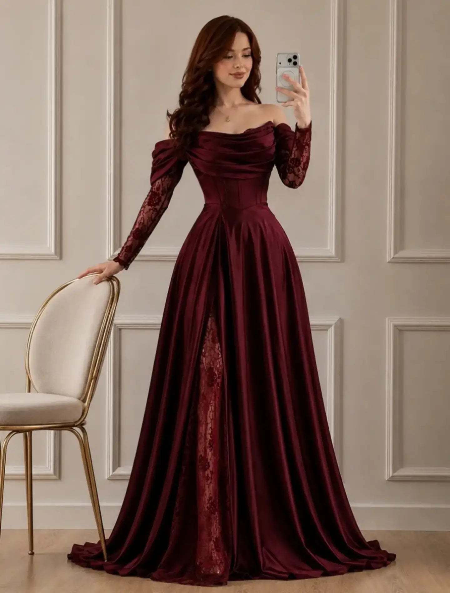 Off-Shoulder Corset Gown with Lace Underlay Slit
