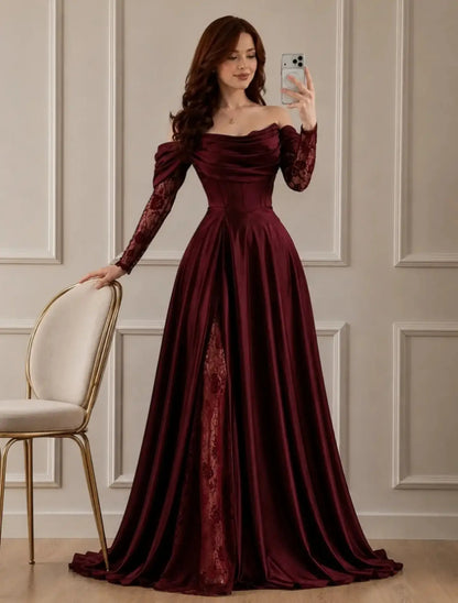 Off-Shoulder Corset Gown with Lace Underlay Slit
