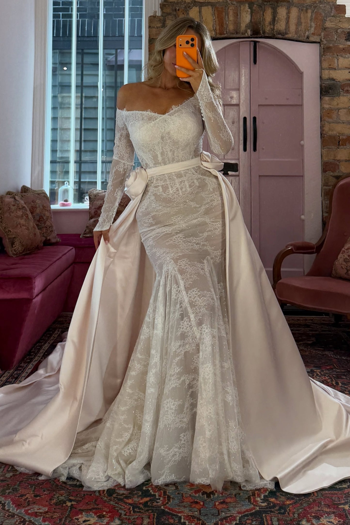 Off Shoulder Lace Mermaid Wedding Dress Overskirt