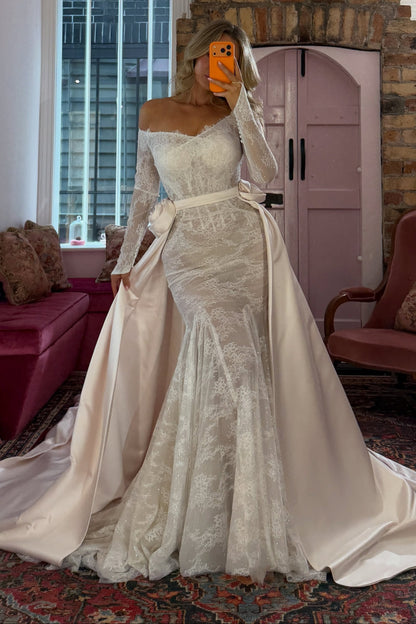 Off Shoulder Lace Mermaid Wedding Dress Overskirt