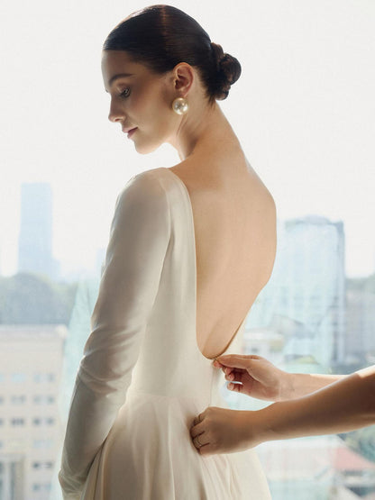 Minimalist Bateau Neck Long Sleeve A-Line Wedding Dress