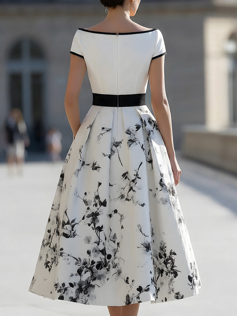 Off-the-Shoulder Floral Tea-Length Dress