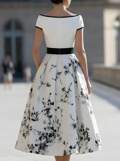 Off-the-Shoulder Floral Tea-Length Dress