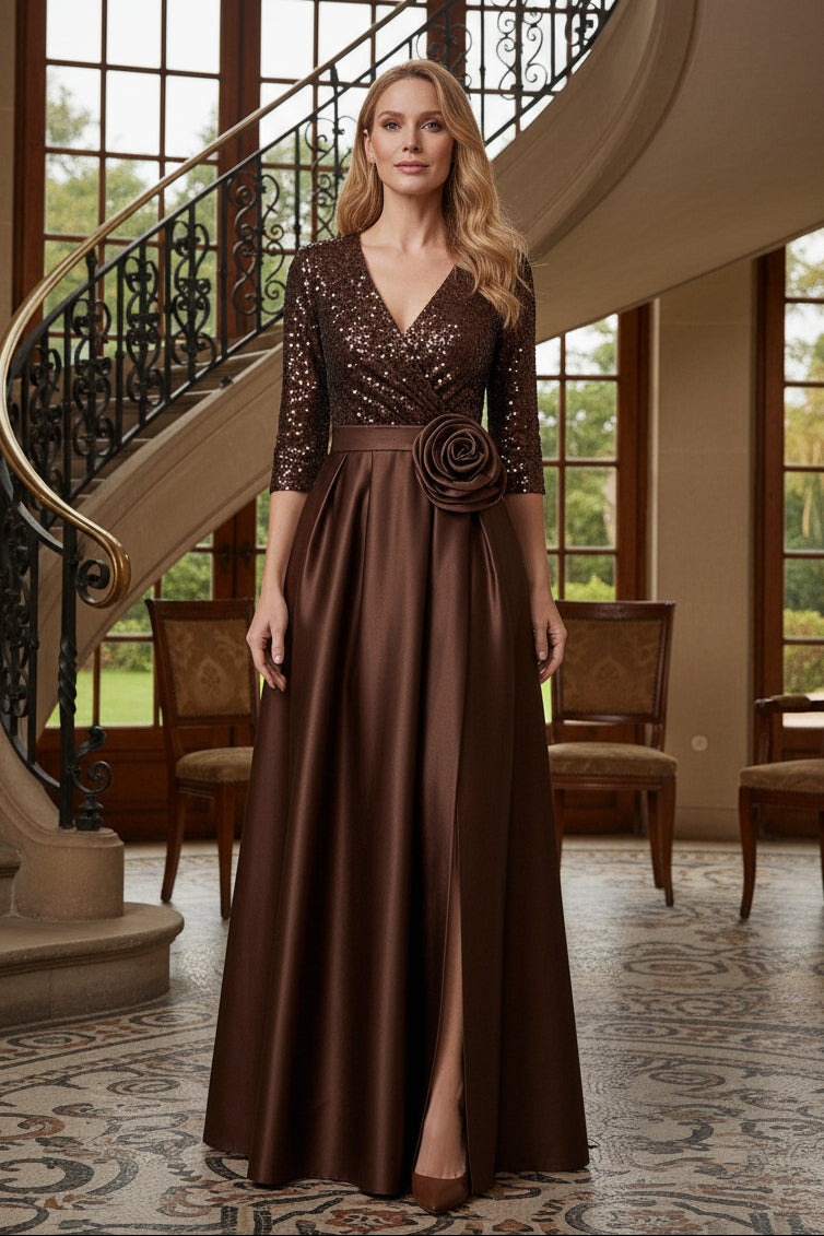 Sequin V-Neck A-Line Gown with 3/4 Sleeves
