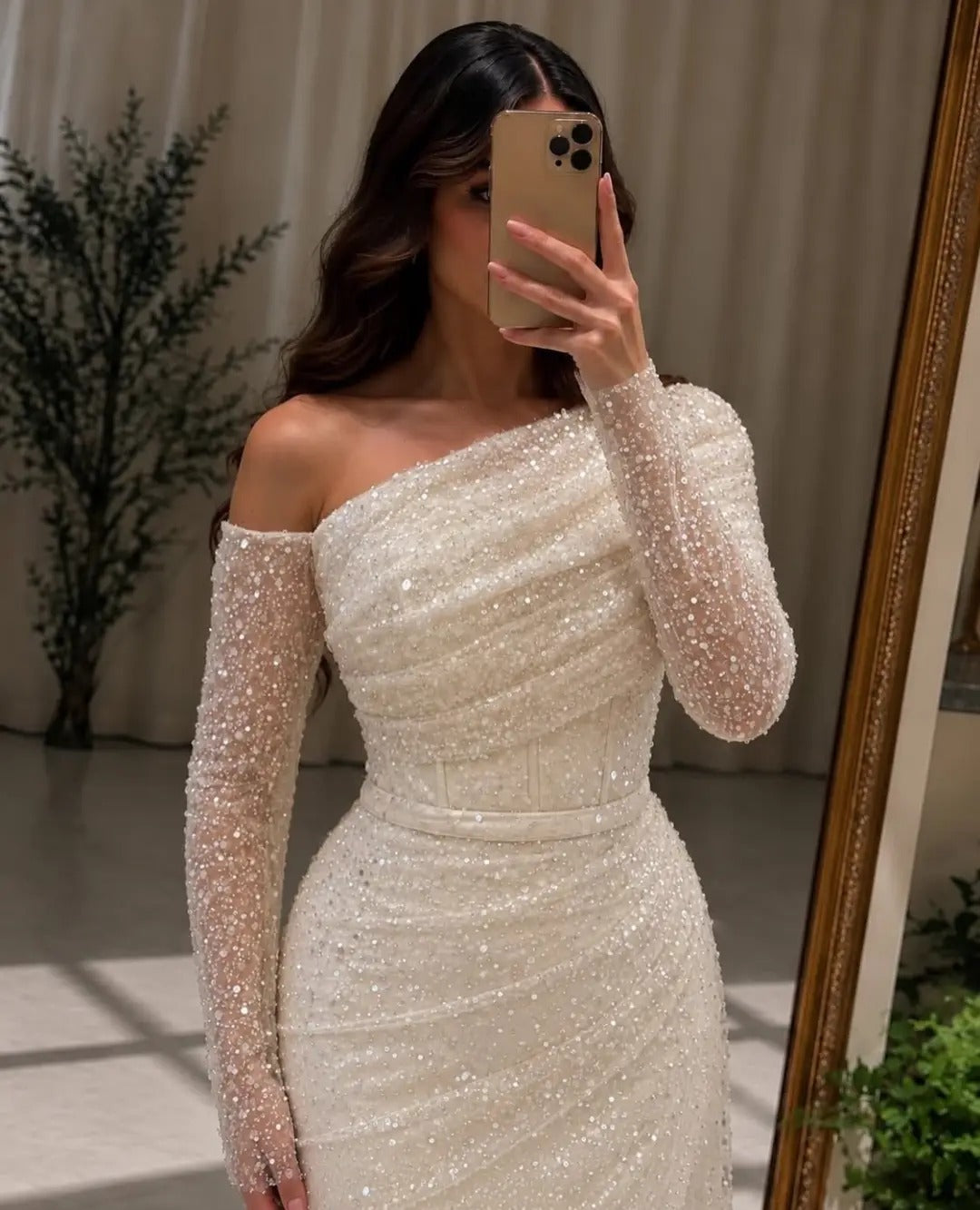 Sequined Asymmetrical Gown with Side Train