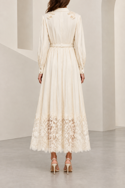 Pleated Midi Dress with Lace Hem and Floral Accents