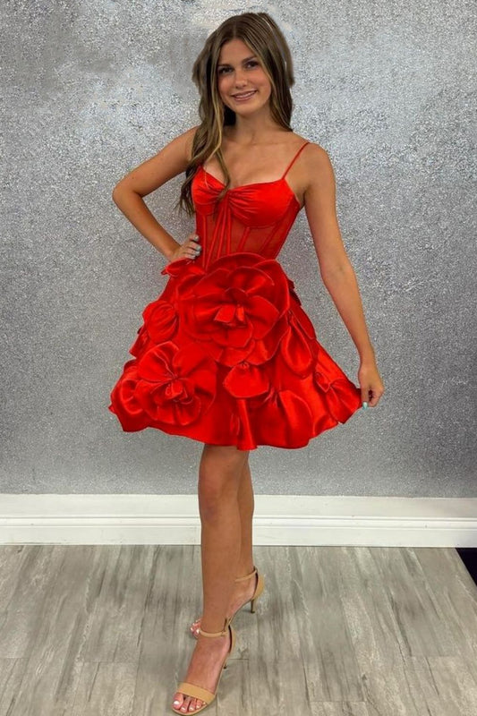 3D Floral Satin Corset Homecoming Mini Dress