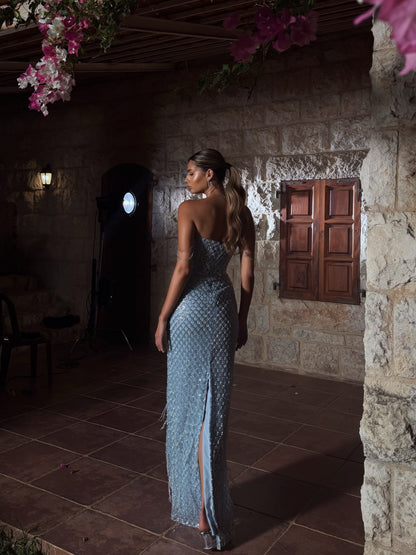Strapless Beaded Column Gown with Arm Chains