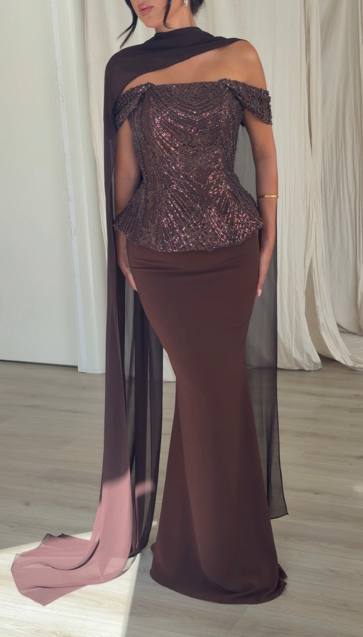 Sequined Peplum Evening Gown with Chiffon Cape