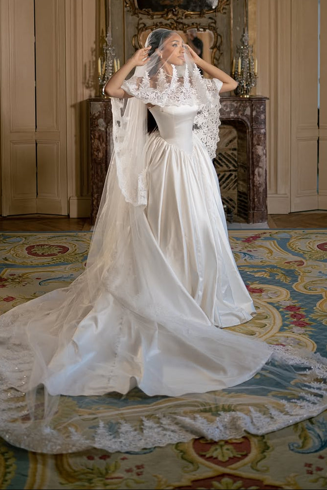 Strapless Satin Ball Gown Wedding Dress with Basque Waist