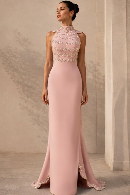 High Neck Column Dress with Floral Cape Back