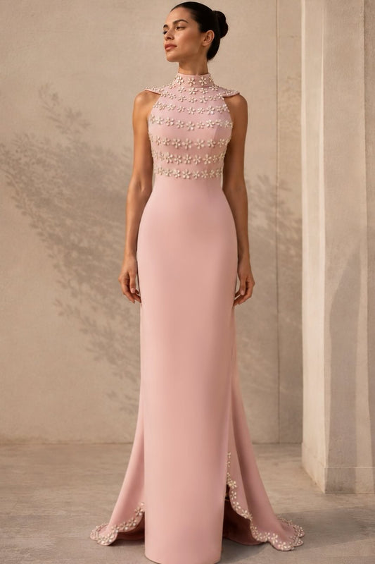 High Neck Column Dress with Floral Cape Back