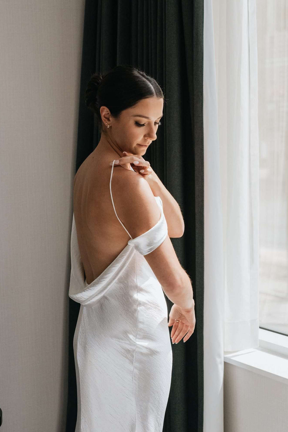 Asymmetrical Cowl Neck Satin Slip Wedding Dress