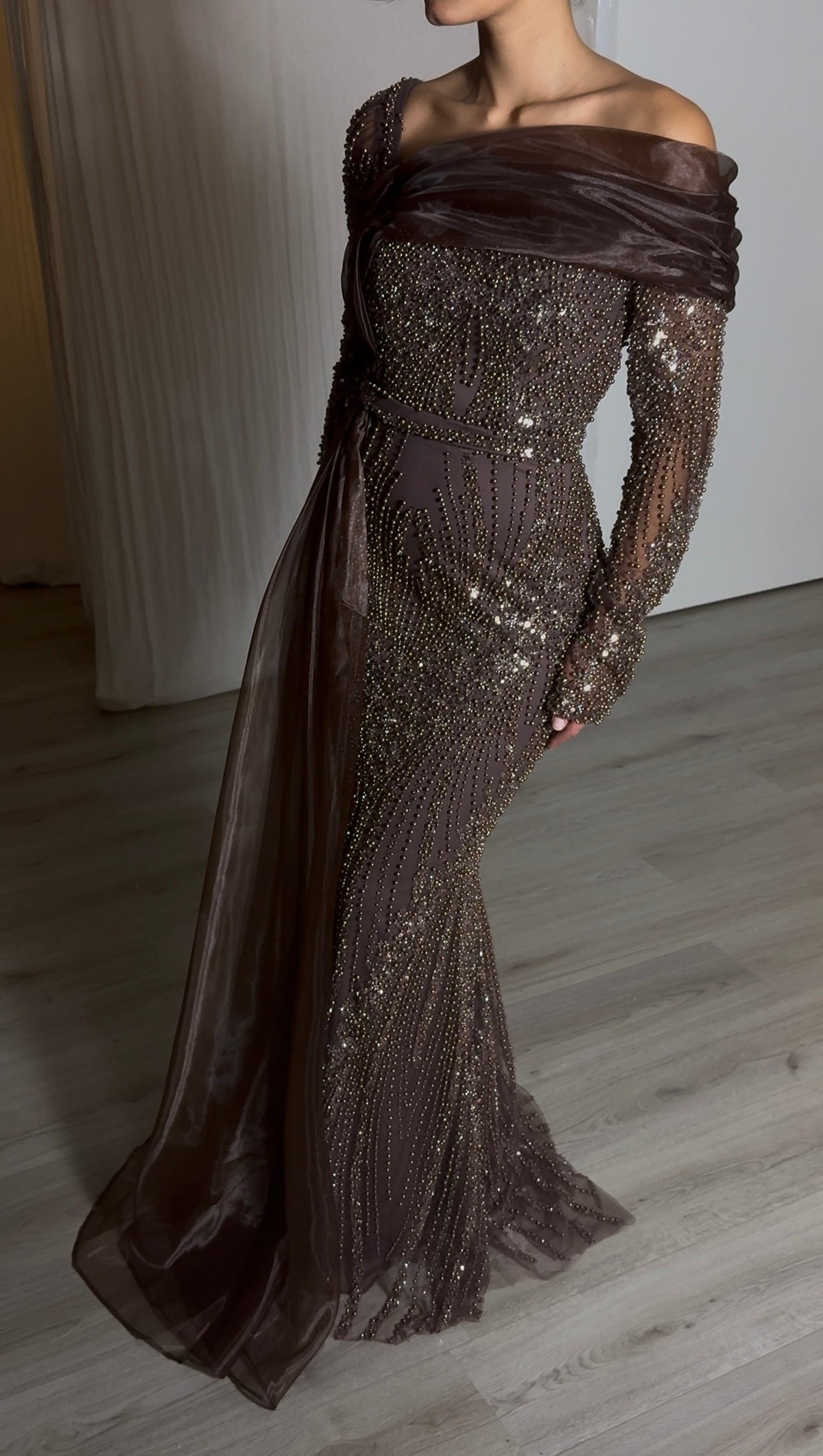 Beaded Asymmetrical Evening Gown with Drape
