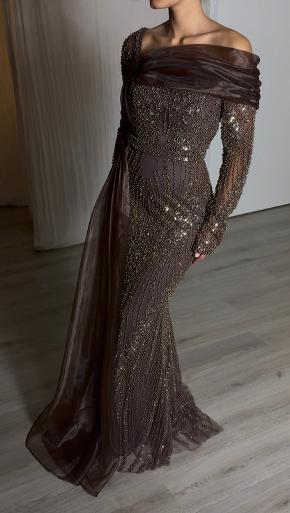 Beaded Asymmetrical Evening Gown with Drape