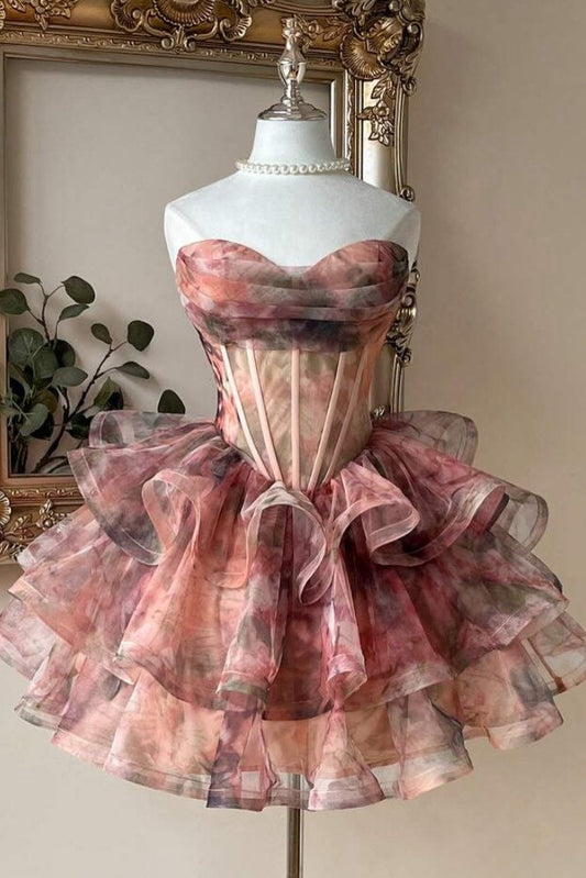 Floral Print Corset Tiered Ruffle Mini Dress