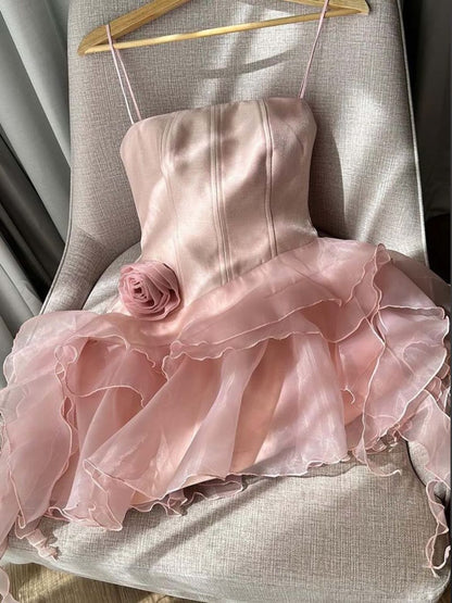 Asymmetrical Tiered Corset Dress with 3D Flower