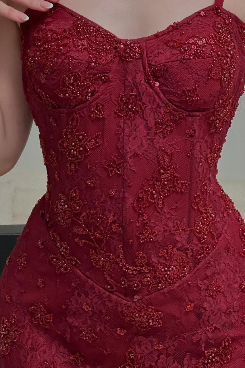 Corset Lace Evening Gown with Spaghetti Straps