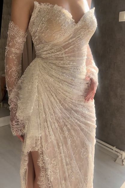 Ruched Lace Wedding Dress with Slit