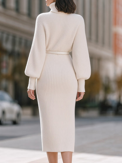 Turtleneck Midi Knit Sweater Dress with Belt