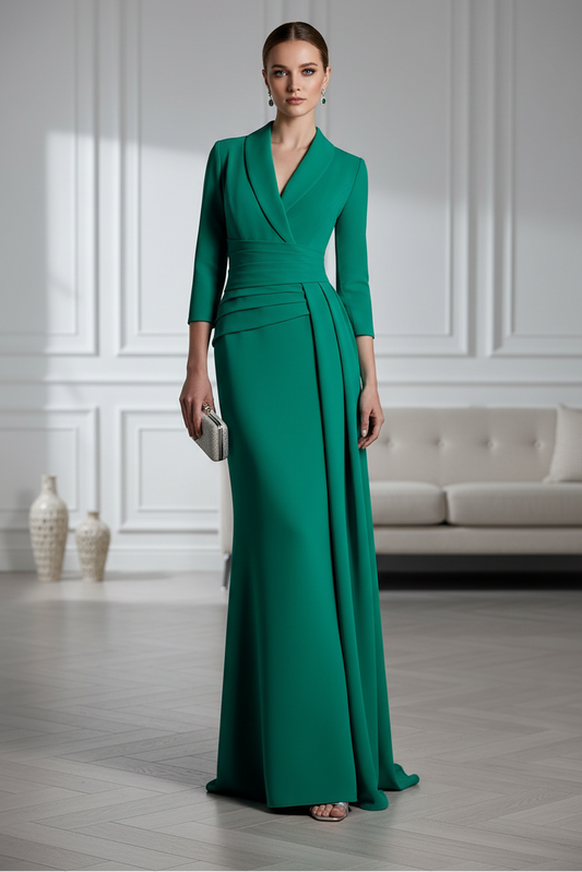 3/4 Sleeve V-Neck Draped Crepe Gown