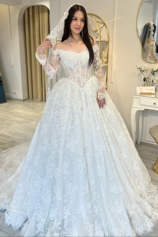 Off-Shoulder Lace Corset Ball Gown Wedding Dress
