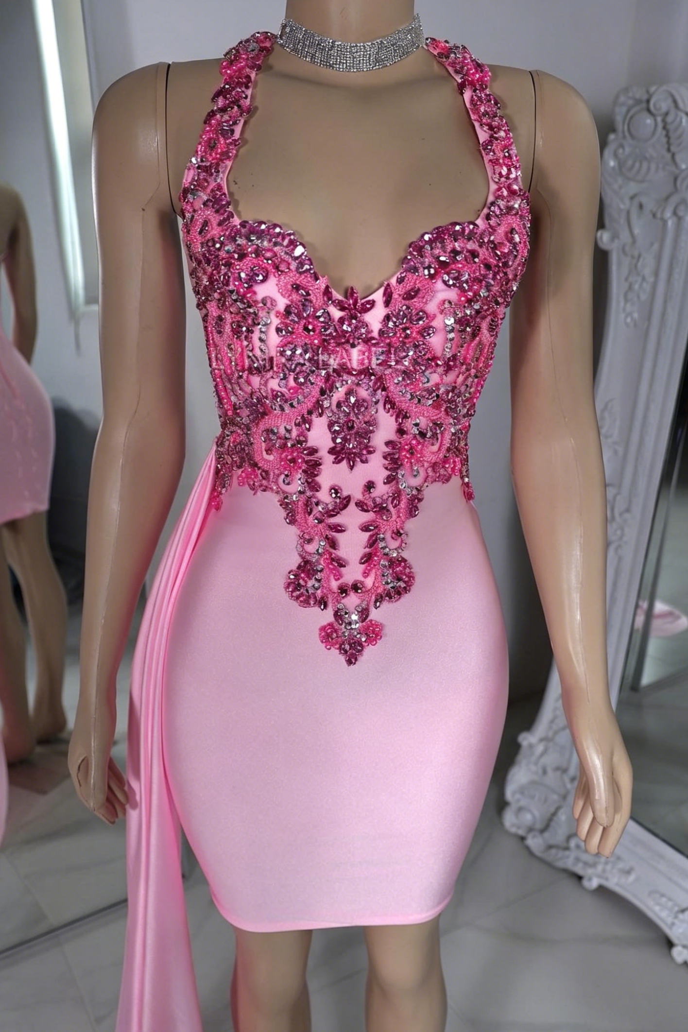 Beaded Halter Bodycon Mini Dress with Side Train