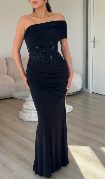 Ruched Asymmetric Gown with Beaded Waist