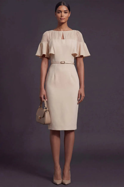 Pleated Flutter Sleeve Belted Sheath Dress
