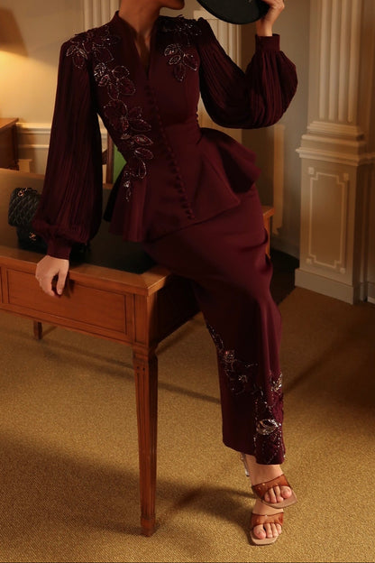 Embellished Peplum Top and Maxi Skirt Set