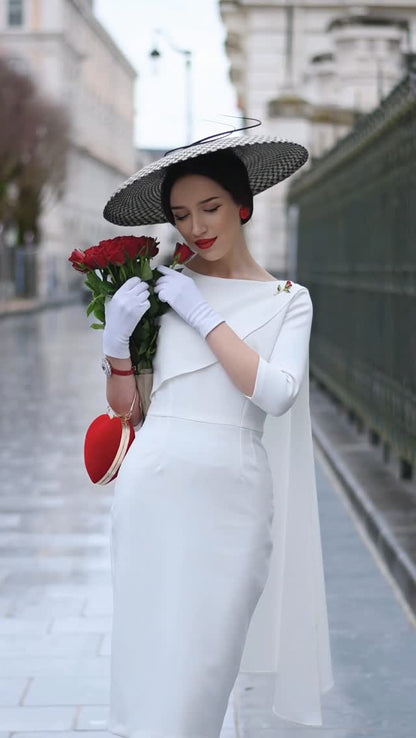 Cape Detail Midi Sheath Dress with 3/4 Sleeves