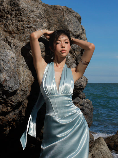 Halter Neck Satin Mermaid Evening Gown