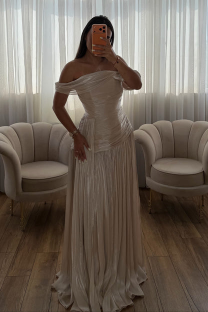 Pleated Off-the-Shoulder Evening Gown
