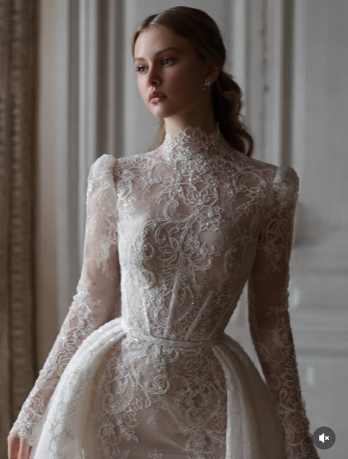 High Neck Lace Mermaid Wedding Dress with Overskirt