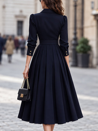 Pleated Midi Shirt Dress with Belted Waist