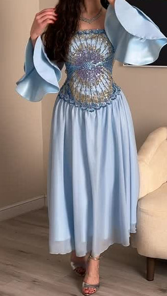 Sequin Bodice Midi Dress with Tiered Bell Sleeves