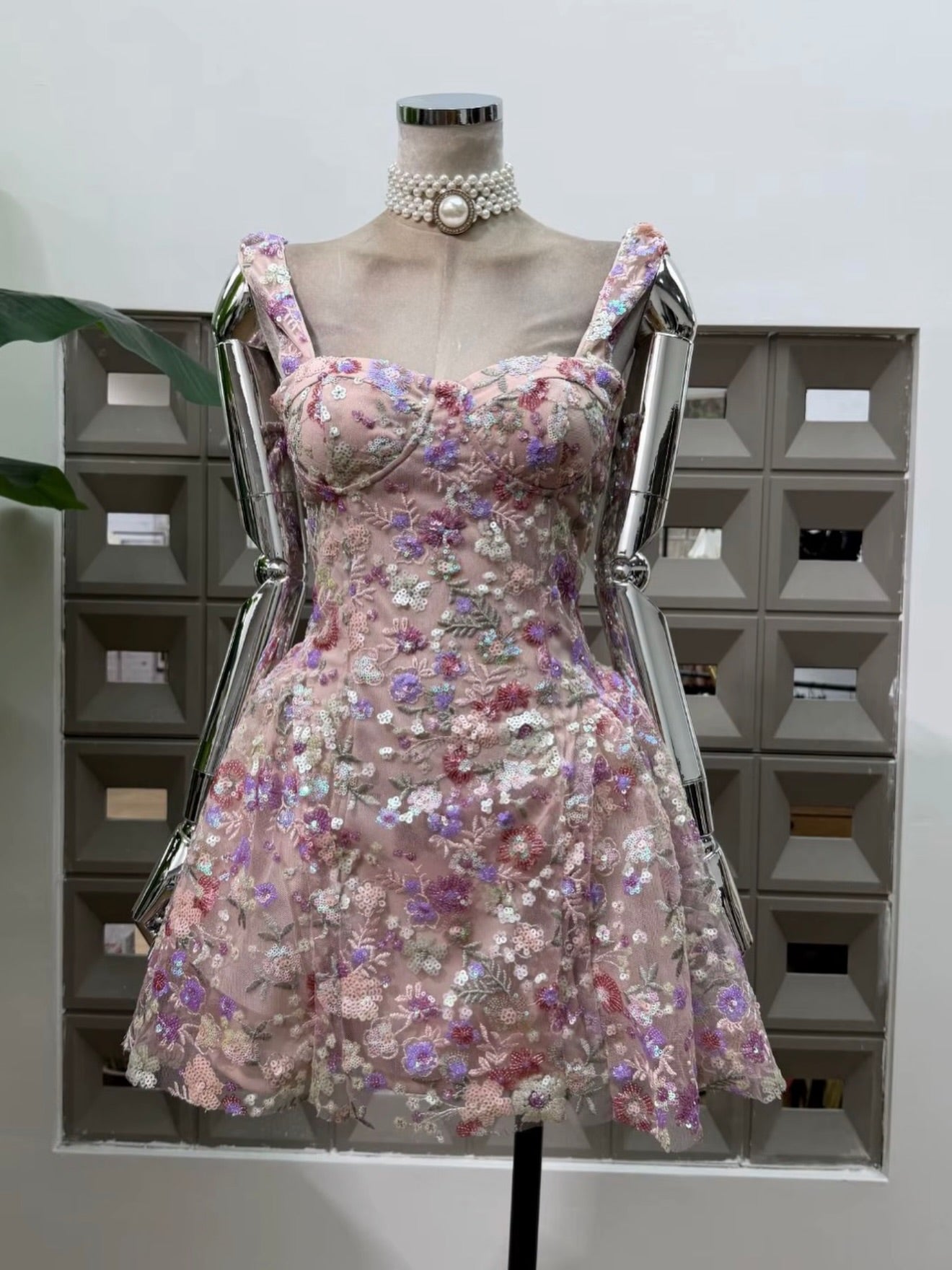 Floral Sequin Corset Mini Dress