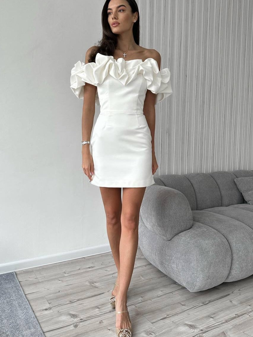 Dramatic Ruffle Off-Shoulder Mini Satin Dress