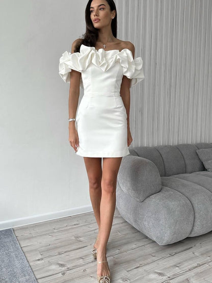 Dramatic Ruffle Off-Shoulder Mini Satin Dress