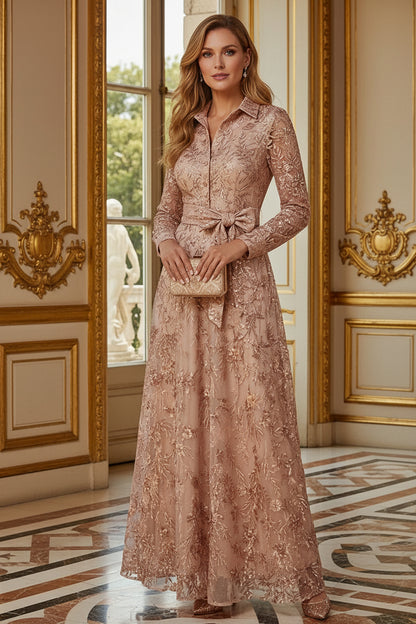 Long Sleeve Sequin Embroidered Shirt Dress Gown