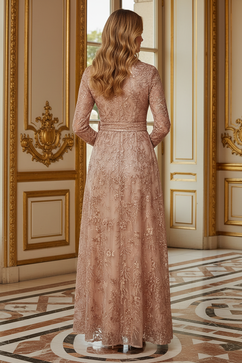 Long Sleeve Sequin Embroidered Shirt Dress Gown